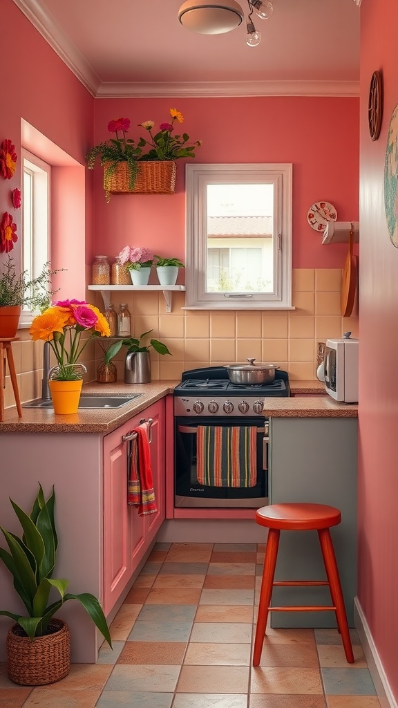 A small cottage kitchen with pink walls, colorful plants, and pastel cabinetry.
