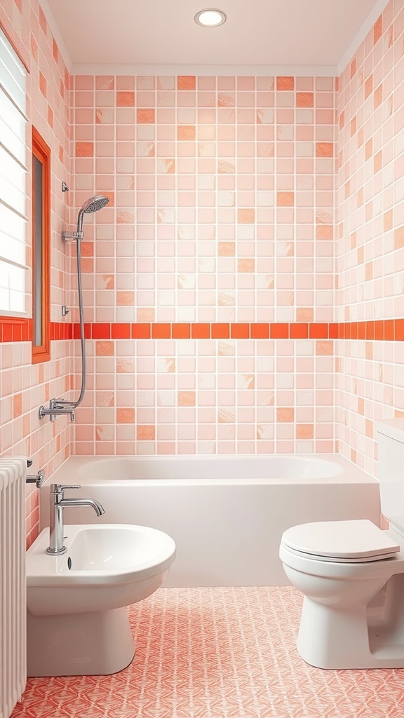 Bathroom with bright coral and white tile combination, featuring a bathtub, toilet, and shower.