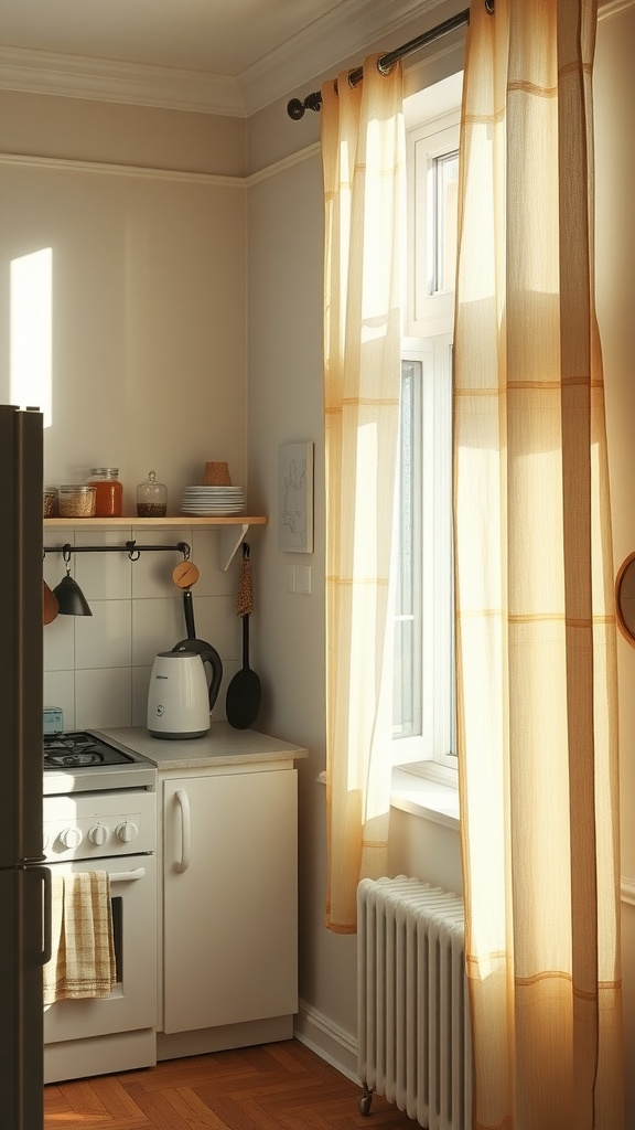 A bright cottage kitchen with light curtains allowing natural sunlight to flow in.