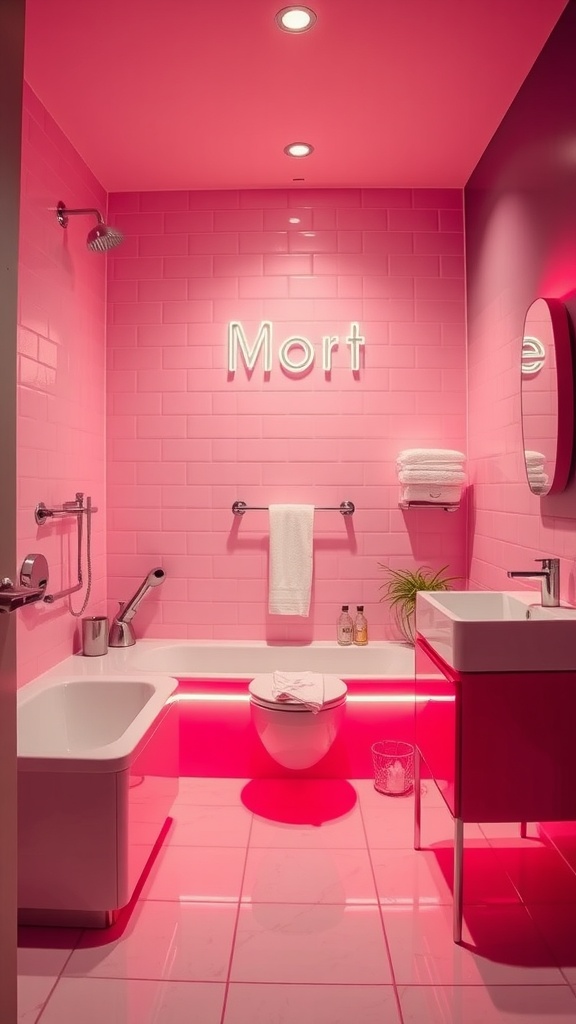 A modern bathroom featuring bright pink tiles, neon lighting, and a playful neon sign.