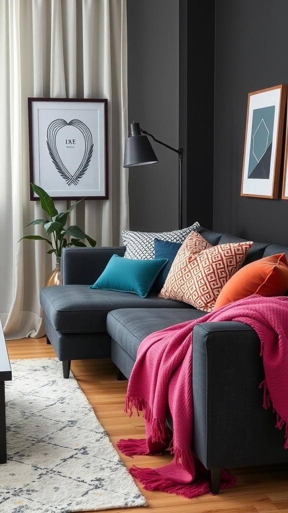 Living room featuring a dark gray couch with colorful cushions and a throw blanket, complemented by light curtains and wall art.