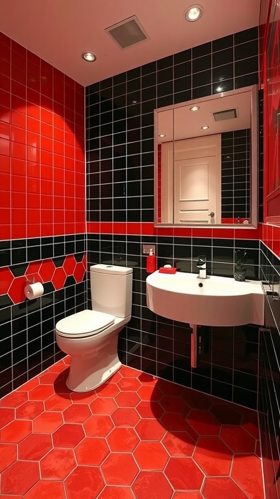 A modern bathroom featuring a bold red and black tile design, with hexagonal red tiles on the floor and rectangular black tiles on the walls.