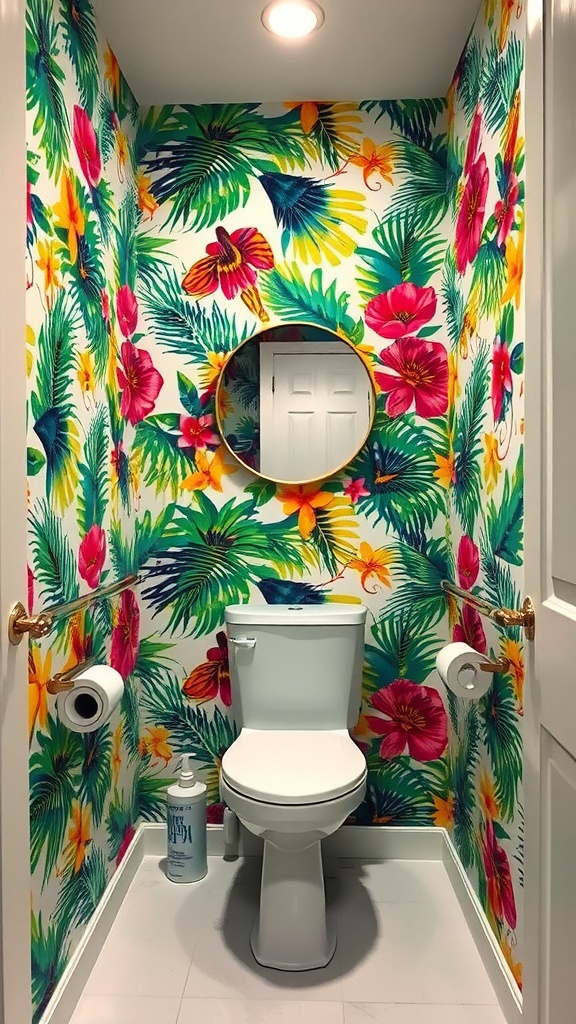 A small bathroom with bright tropical wallpaper featuring flowers and green leaves, with a white toilet and round mirror.