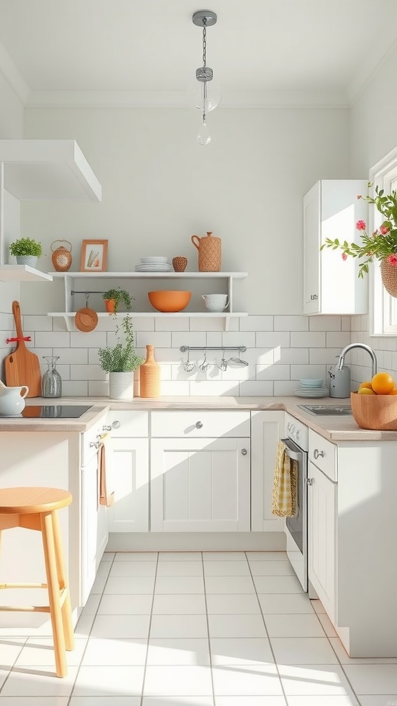 A bright and airy small kitchen featuring light-colored walls, open shelves with dishes, and a wooden stool.