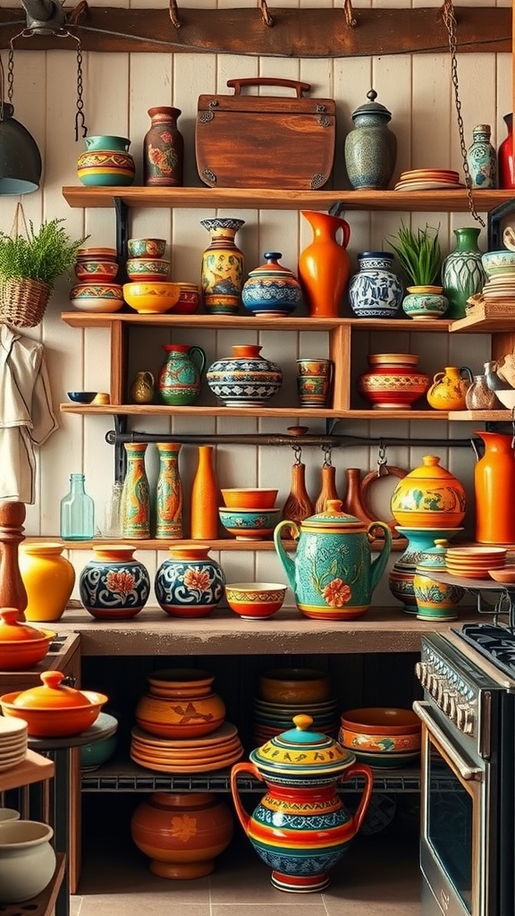 Colorful traditional Mexican kitchenware displayed on wooden shelves