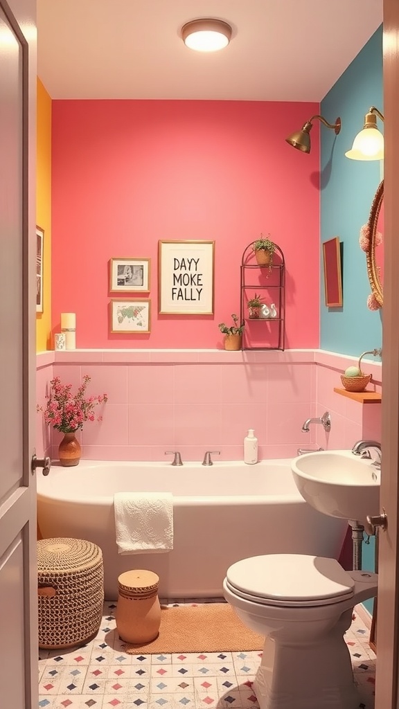 A vibrant bathroom with a pink, orange, and blue accent wall, featuring a bathtub and decorative elements.