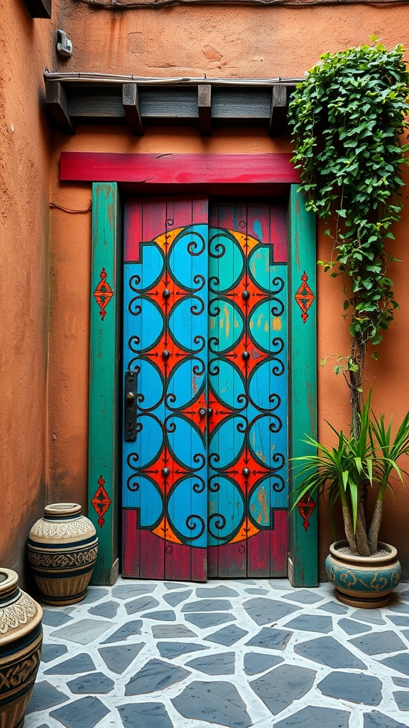 A brightly painted door in blue, red, and orange with intricate ironwork, set against an orange wall, surrounded by potted plants.