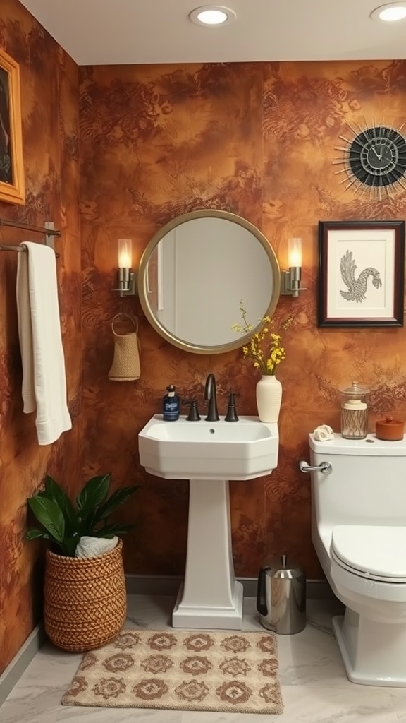 A cozy bathroom with a brown textured accent wall, white sink and toilet, and decorative elements.