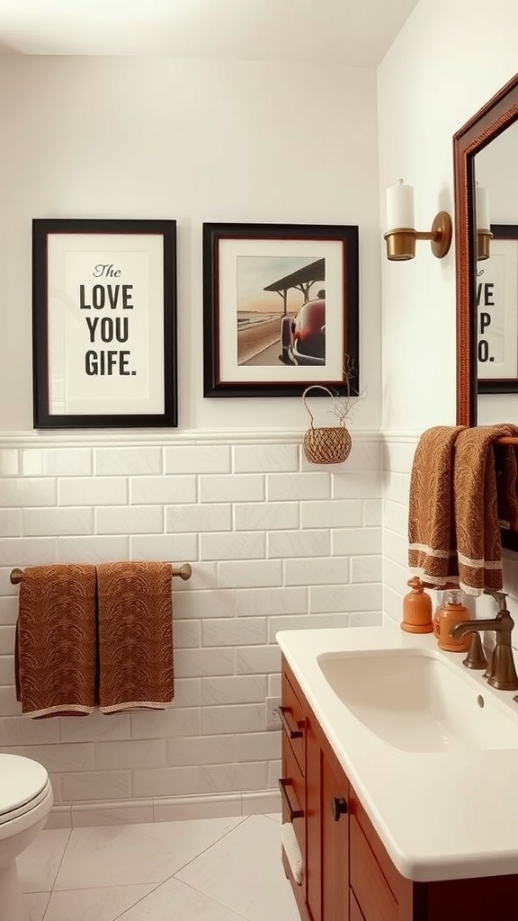 Cozy brown-themed bathroom with towels, wall art, and wooden accessories.