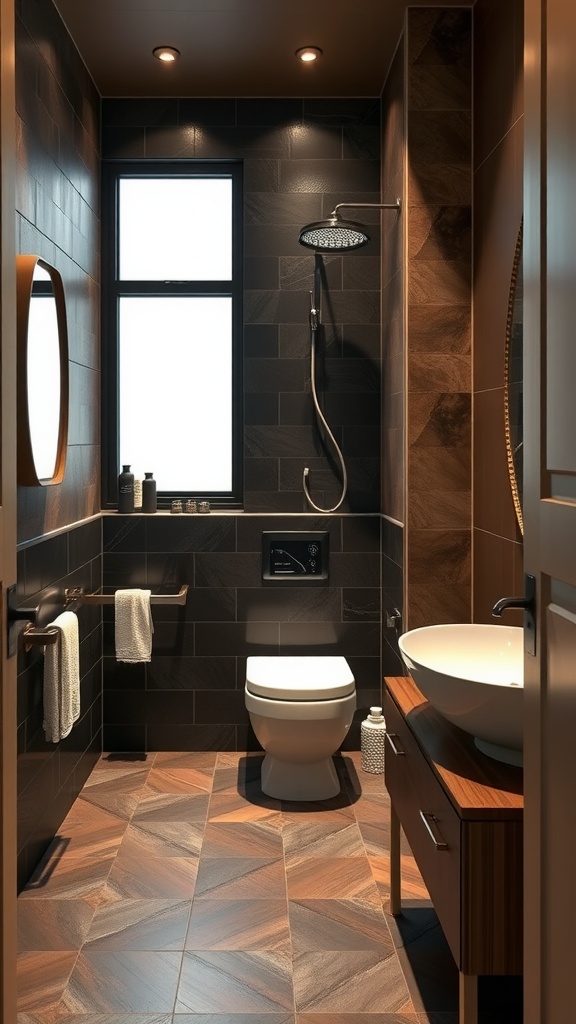 Modern bathroom featuring brown and black contrasting elements