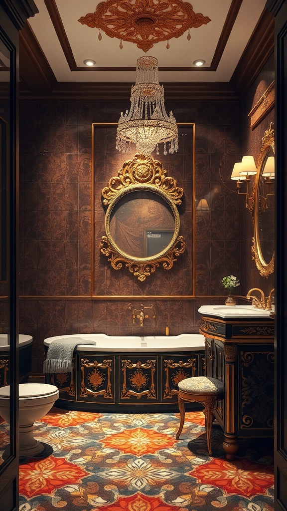 Luxurious bathroom with brown walls, gold accents, and ornate fixtures