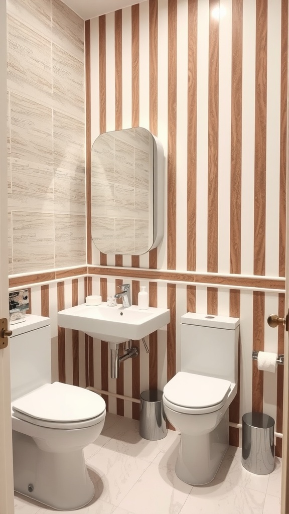 A stylish bathroom featuring brown and white striped wallpaper with modern white fixtures.