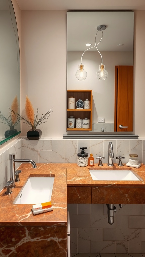 A modern bathroom featuring brown marble countertops with two sinks, stylish fixtures, and minimal decor.