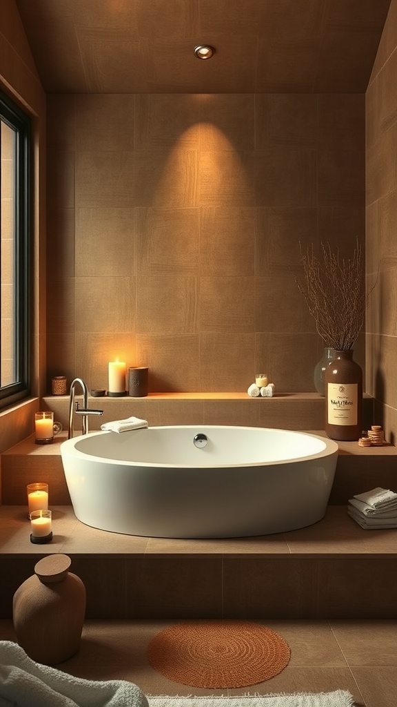 Elegant brown bathroom with a round tub, candles, and natural decor elements.