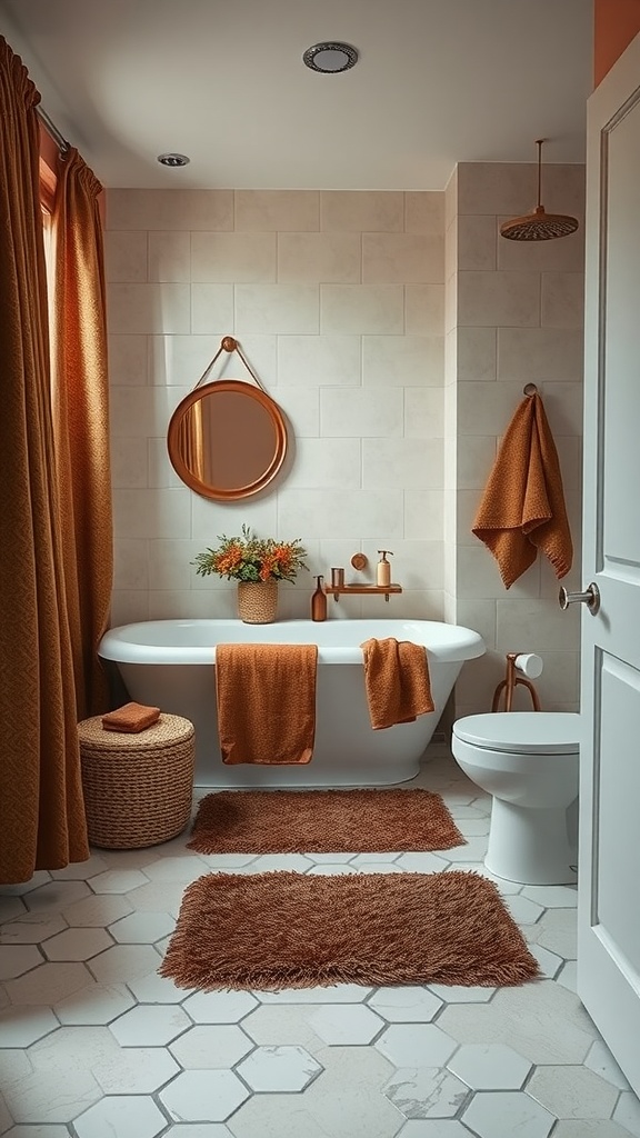 Cozy bathroom with brown textiles including towels and rugs.