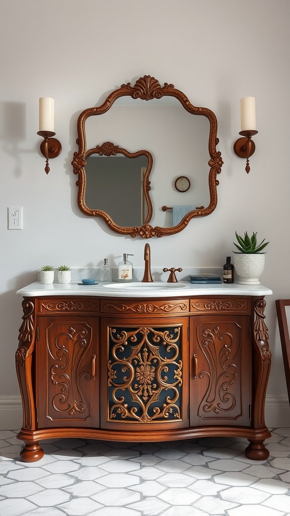 A beautifully designed brown vanity with intricate carvings, topped with light marble and complemented by an ornate mirror and wall sconces.