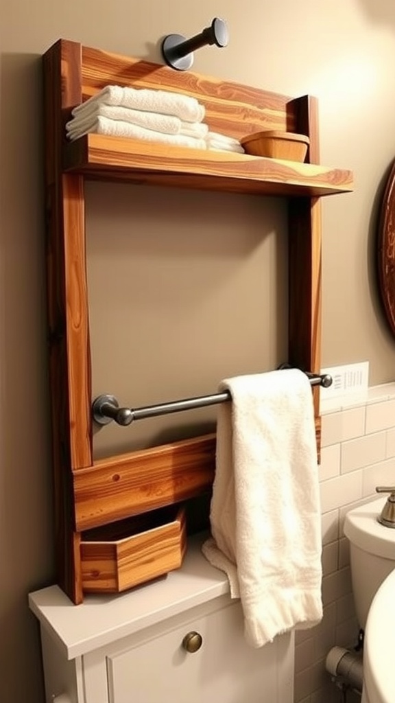 A wooden towel rack with shelves in a bathroom setting, featuring neatly stacked towels and a hanging towel.