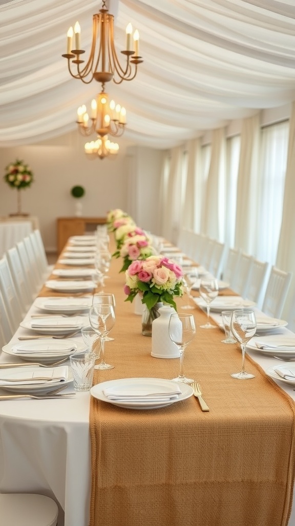 A beautifully set wedding table with burlap table runner and floral centerpiece