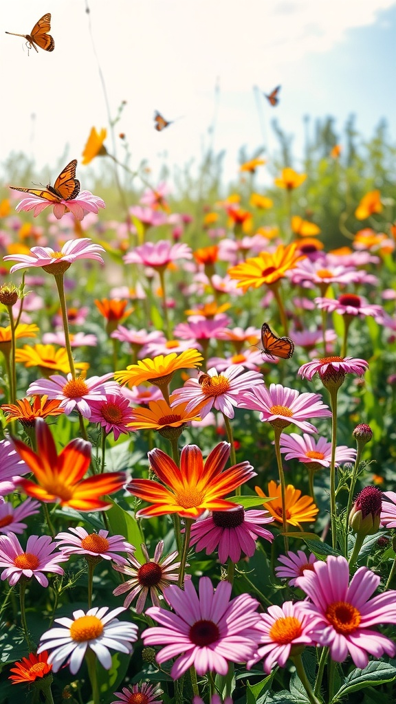 A colorful butterfly garden filled with pink, orange, and yellow flowers, with butterflies flying above.