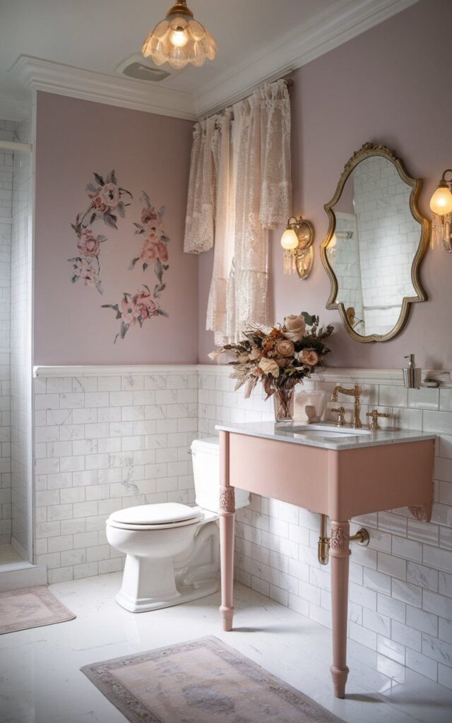 Rustic mauve bathroom with wood ceiling beams, a freestanding tub, dark wood vanity, round mirror, wicker stool, and natural light.