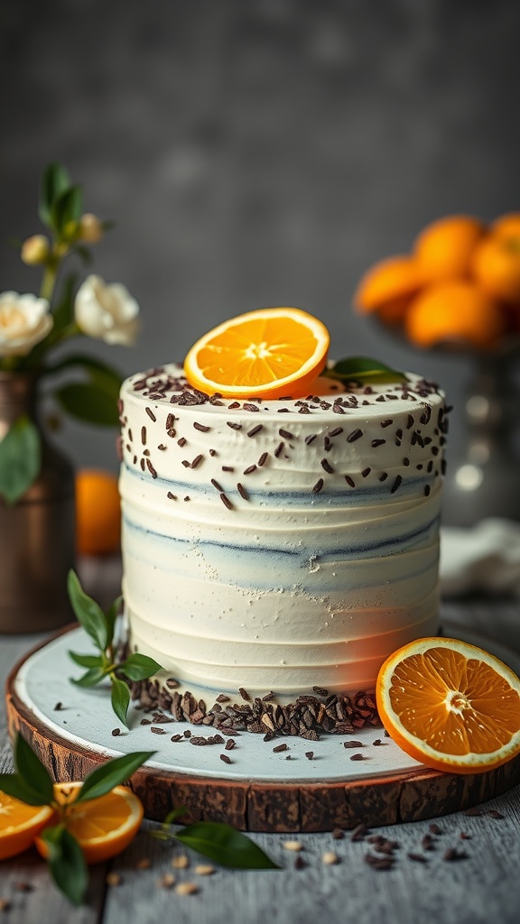 A beautifully decorated Cacao Nibs and Orange Zest cake topped with orange slices and cacao nibs, with oranges in the background.