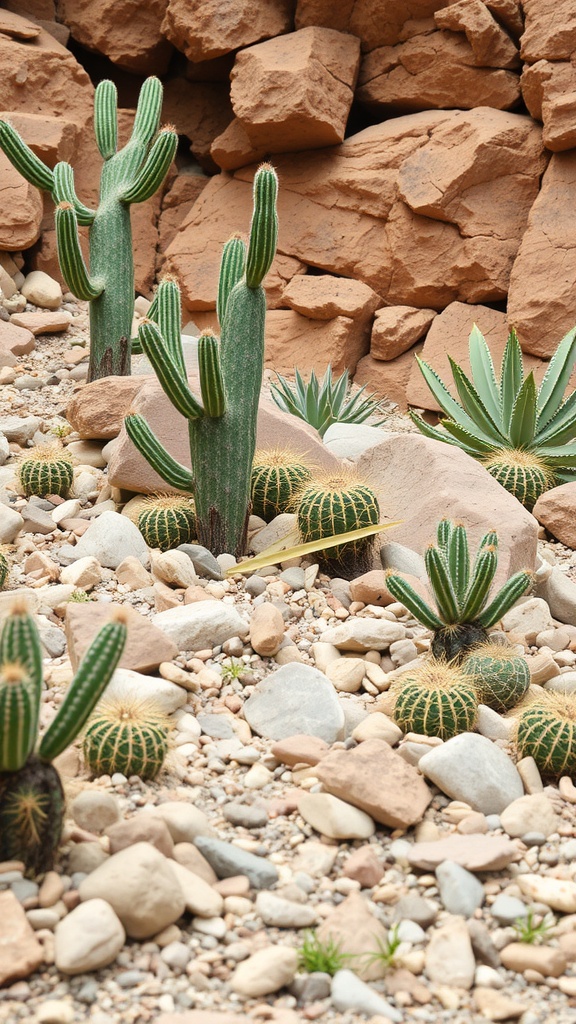 A cactus and succulent rock garden featuring a mix of different cactus varieties among rocks and pebbles.