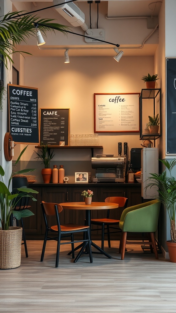 A cozy café-style coffee corner featuring wooden furniture, chalkboard menus, and plant decor.