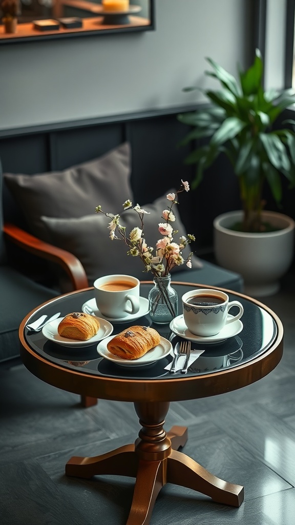 A cozy café style coffee table with coffee cups and pastries