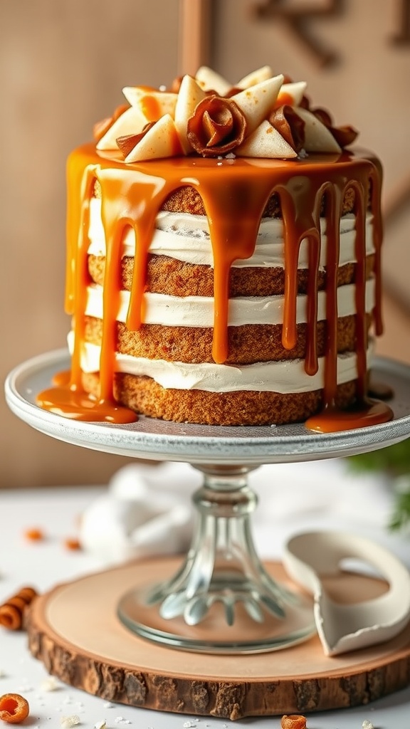 A three-layered cake drizzled with caramel and topped with decorative pieces, set on a glass cake stand.