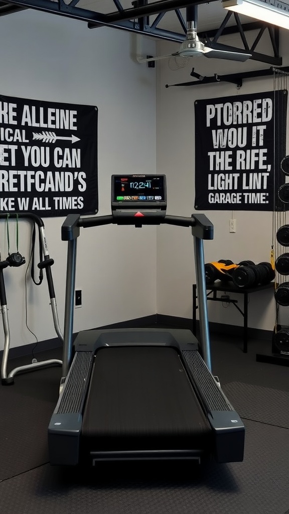 A modern treadmill set in a garage gym with motivational banners on the walls.