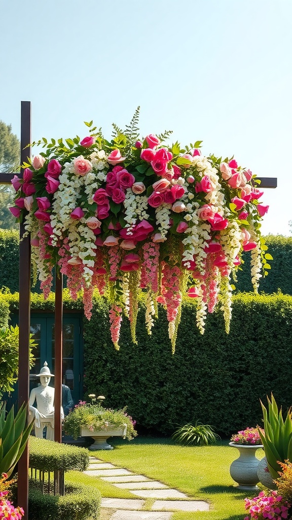 A beautiful floral installation with pink roses and white blooms cascading from an arch in a garden.