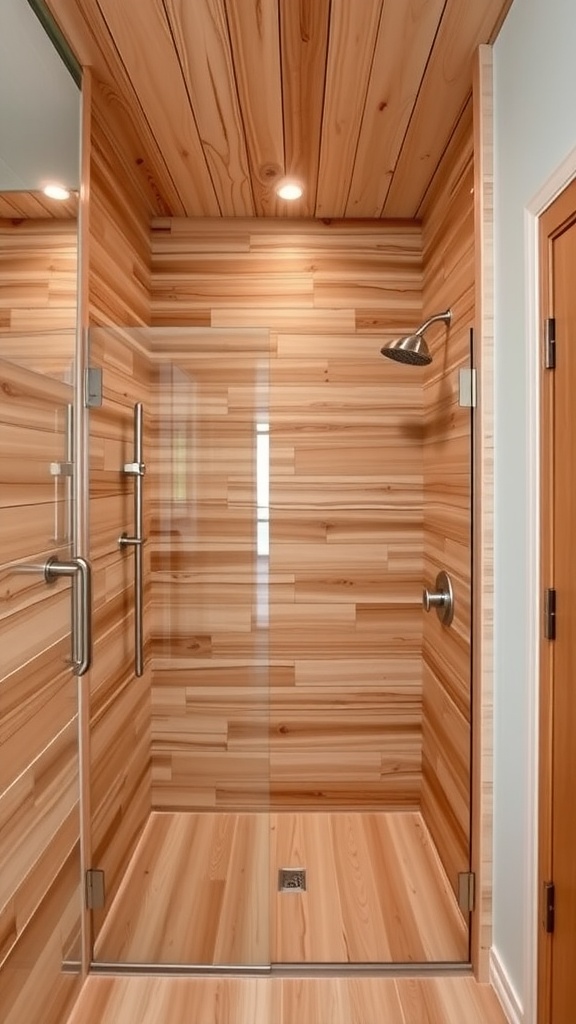 Walk-in shower with cedar wood ceiling and glass walls