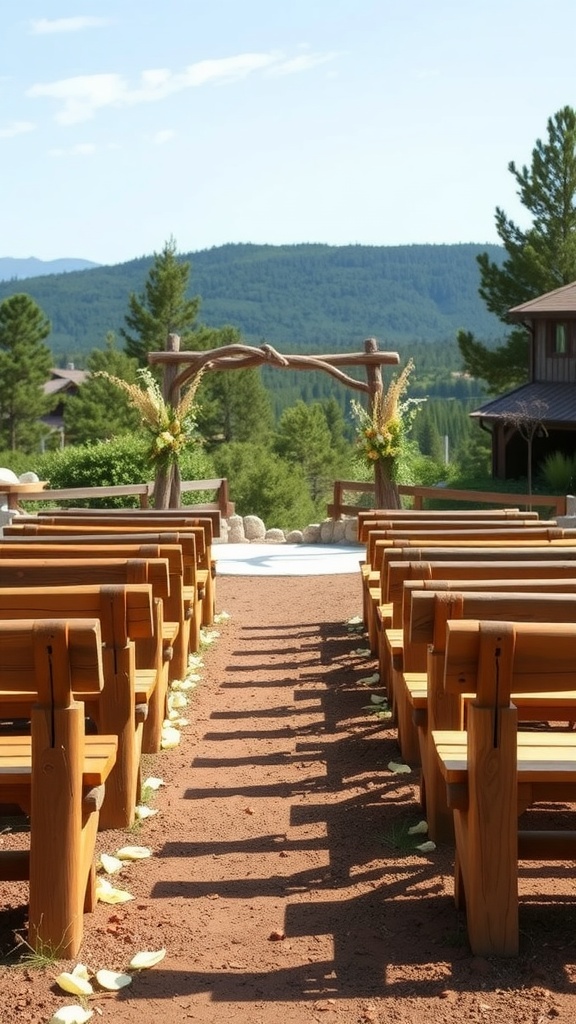 Outdoor wedding ceremony with rustic wooden benches and floral decorations.