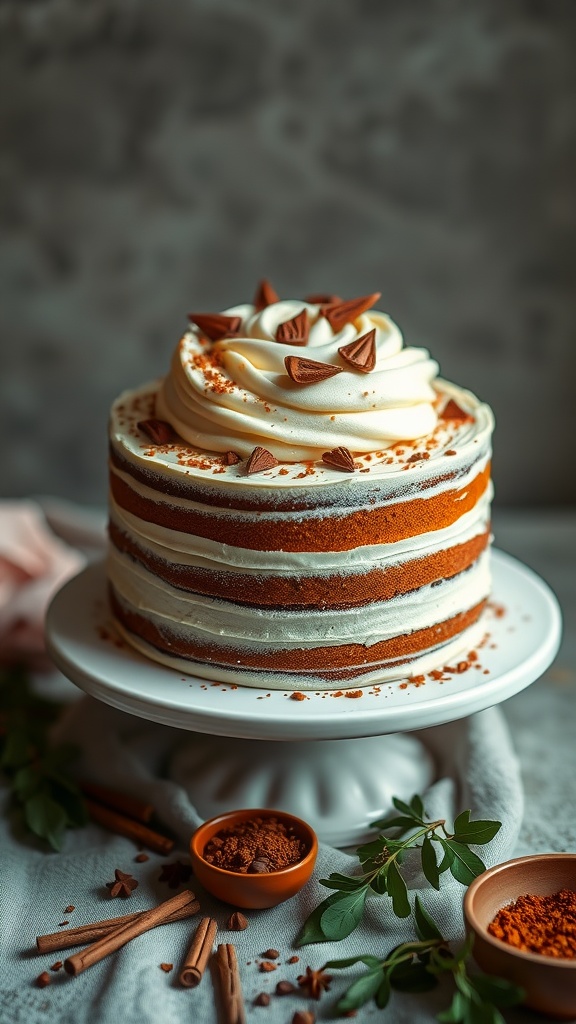 A beautifully decorated chai spice wedding cake with layers of spiced cake and creamy frosting, topped with chocolate pieces and chai spice.