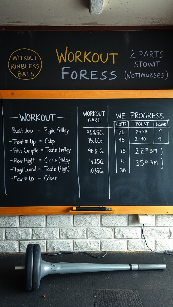 Chalkboard displaying workout tracking with exercises and progress metrics in a garage gym