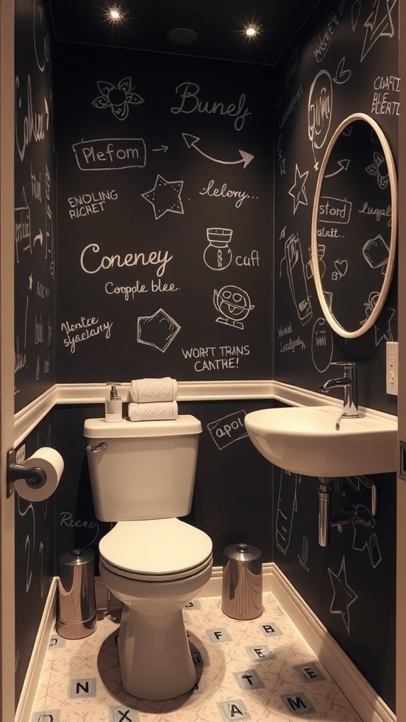 Small bathroom with chalkboard wallpaper covered in doodles and notes.