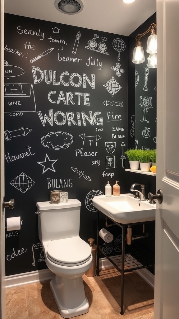 A bathroom with a chalkboard wall filled with drawings and words, featuring a toilet and sink.