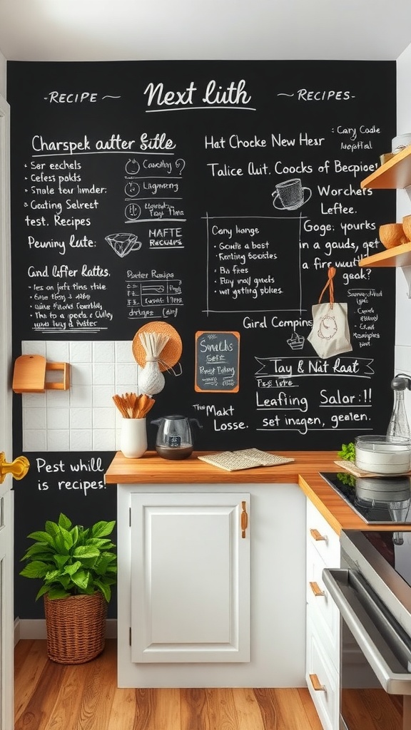 A cozy kitchen with a chalkboard wall featuring recipes and notes