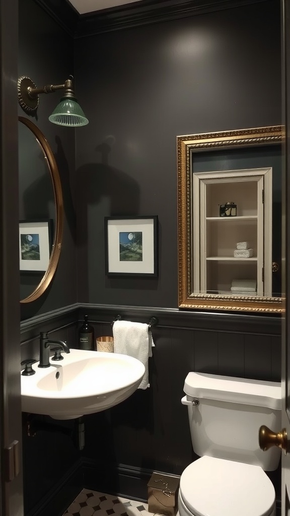 A modern bathroom featuring charcoal gray walls, a round mirror, and stylish fixtures.