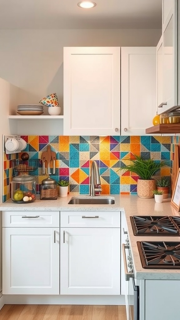 A small kitchen with a colorful geometric backsplash featuring blue, orange, and yellow tiles.