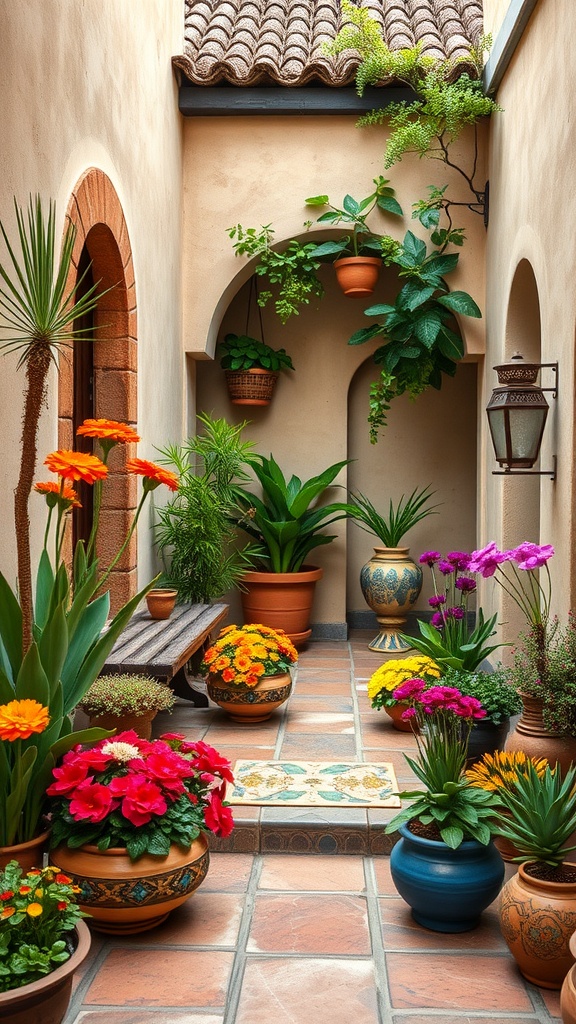 A vibrant courtyard garden with colorful flowers in terracotta pots, a wooden bench, and earthy tiled flooring.