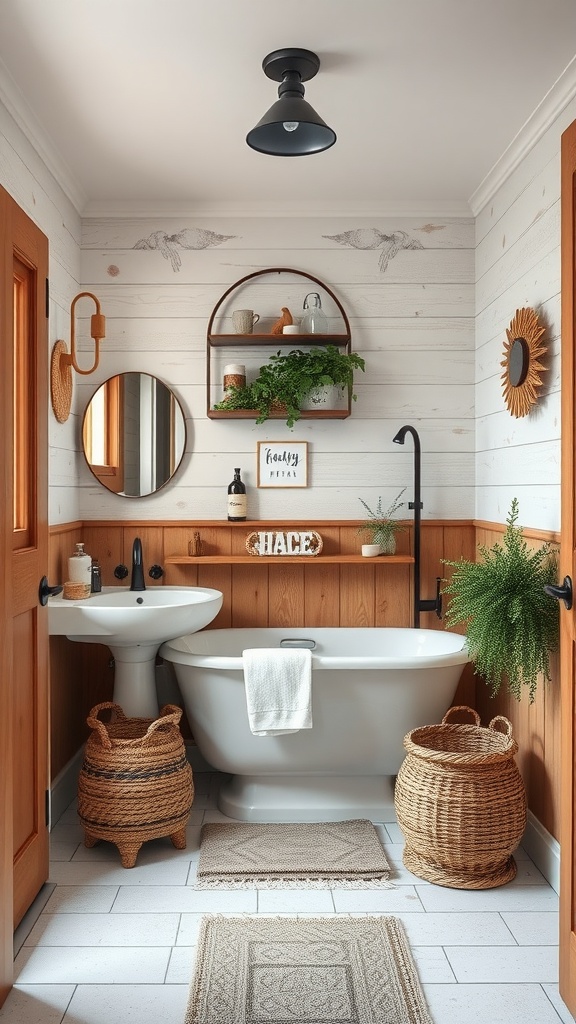 A charming farmhouse bathroom with wooden accents, a freestanding tub, and woven baskets.