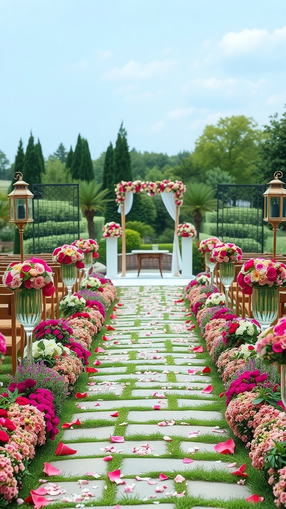 A charming garden pathway lined with flowers and lanterns, leading to a wedding altar.