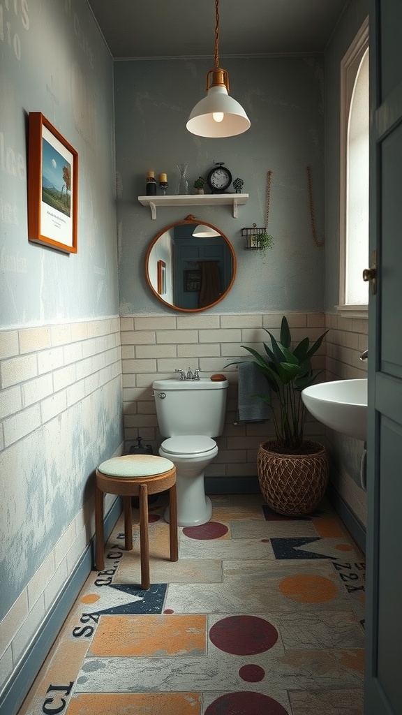 A charming bathroom with painted concrete flooring featuring colorful patterns, soft blue walls, and natural decor.