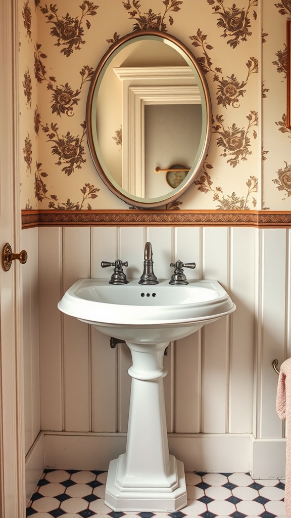 A elegant Victorian-style pedestal sink with vintage fixtures, set against ornate floral wallpaper.