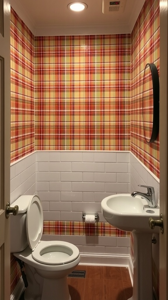 A small bathroom with plaid wallpaper in warm colors, featuring a white tiled section and basic fixtures.