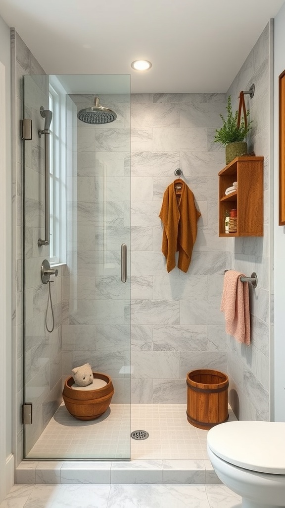 A rustic walk-in shower featuring wooden accessories, a glass door, and a stylish arrangement of toiletries.