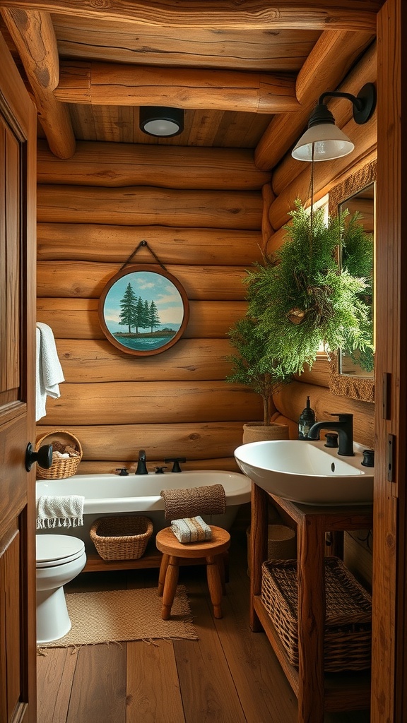 Rustic cabin bathroom with wooden walls, a round mirror, and a bathtub