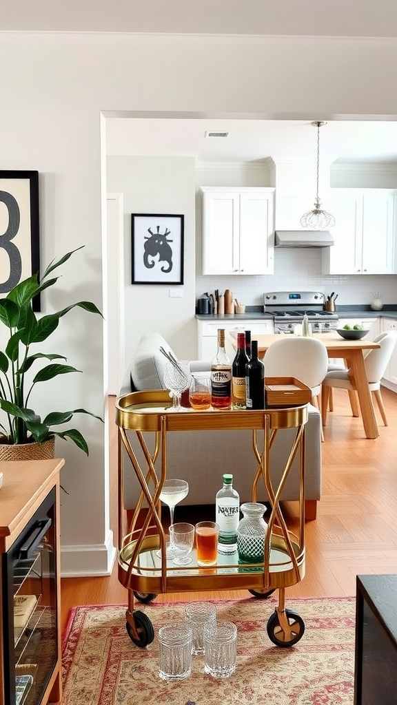 Chic bar cart setup with drinks and glassware in a stylish living area