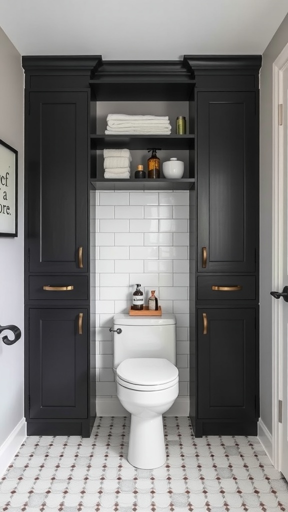 A modern bathroom featuring dark cabinetry, open shelves, and stylish accents.